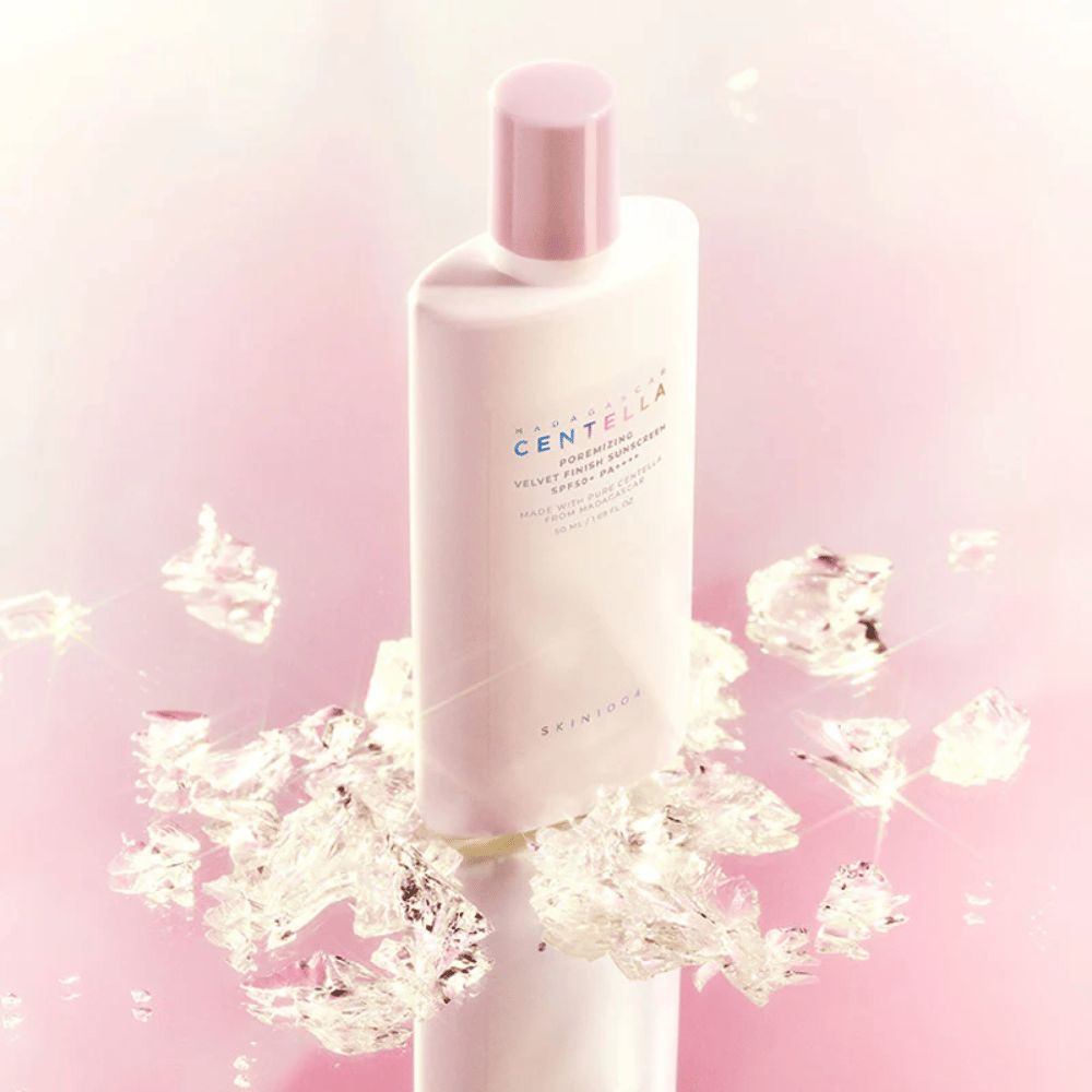SKIN1004 Madagascar Centella Poremizing Velvet Finish Sunscreen SPF 50+ PA++++ with a lightweight formula that absorbs smoothly and provides long-lasting protection with a soft, velvety feel.