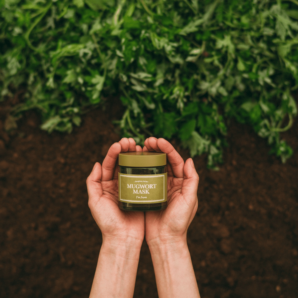 Hands holding I'm From Mugwort Mask against a background of soil and fresh green herbs, highlighting the product's natural ingredients.