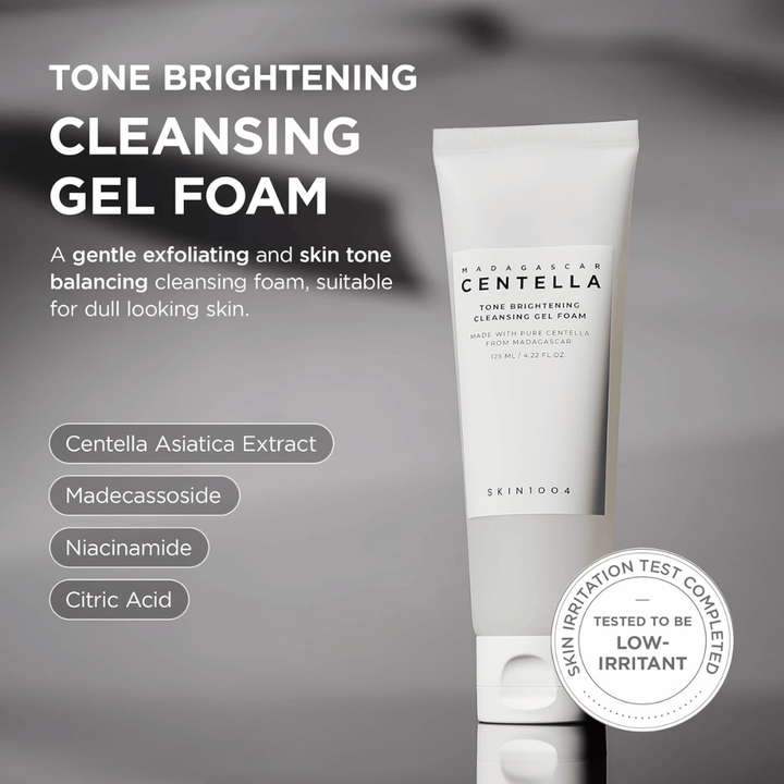 Informational image presenting the cleansing gel's key features. The focus is on gentle cleansing, hydration, and a soft gel-to-foam formula that cleanses the skin without feeling drying.