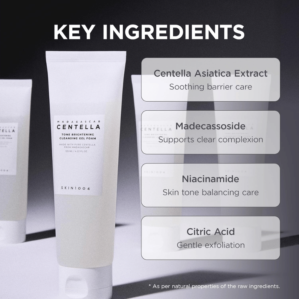 Image highlighting the product's key ingredients and their functions. The ingredients are presented in a clear and modern layout with a focus on skincare and soothing properties.