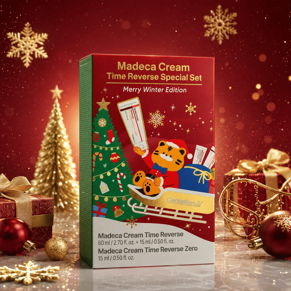 3. Centellian24 Madeca Cream Time Reverse Special Set Merry Winter Edition – Christmas packaging with a Christmas tree, Christmas presents, and gold details