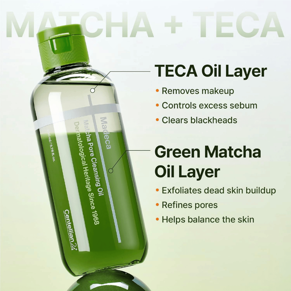 Centellian24 Madeca Matcha Pore Cleansing Oil with a two-phase formula that dissolves makeup and sebum