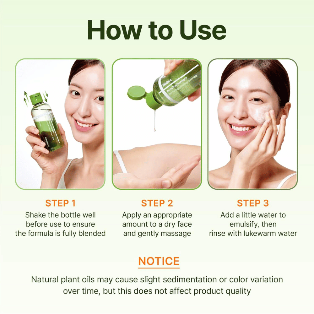Centellian24 Madeca Matcha Pore Cleansing Oil usage guide for cleansing the skin