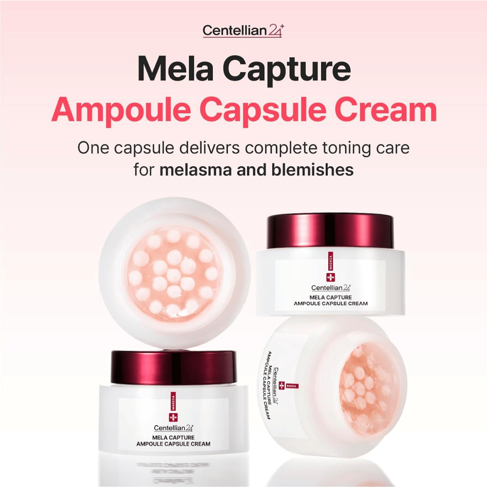 Product image of Centellian24 Madeca Mela Capture Ampoule Capsule Cream focusing on ampoule capsules and a formula developed for the care of uneven skin tone and pigmentation.