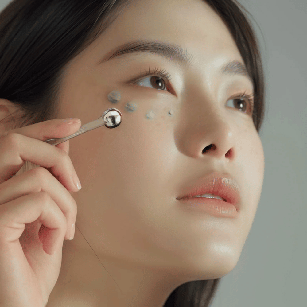 Woman applies Heimish Marine Care Algae + Peptide Eye Cream under the eye with a metal applicator for a cooling and refreshing effect. The cream helps to moisturize and reduce signs of aging around the eyes.