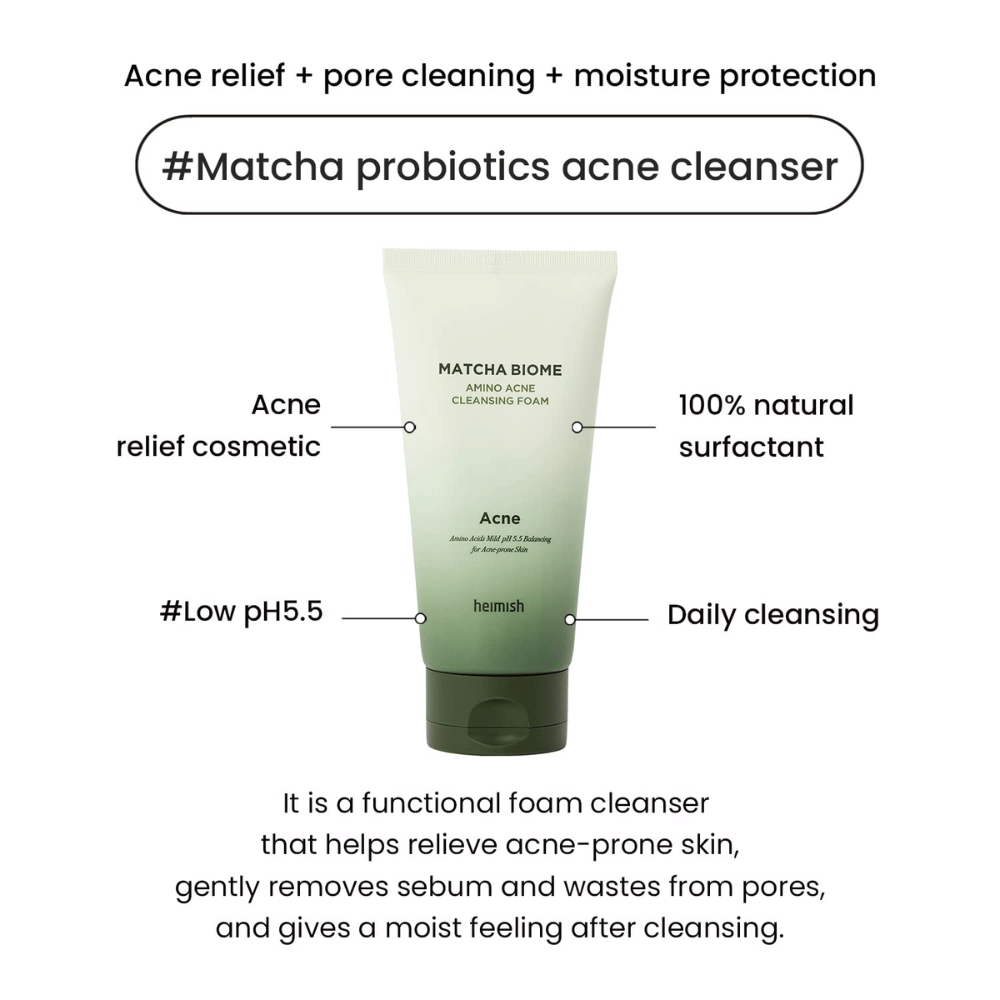 Heimish Matcha Biome Amino Acne Cleansing Foam low pH 5.5 – acne cleanser that cleans pores, reduces sebum, and hydrates the skin