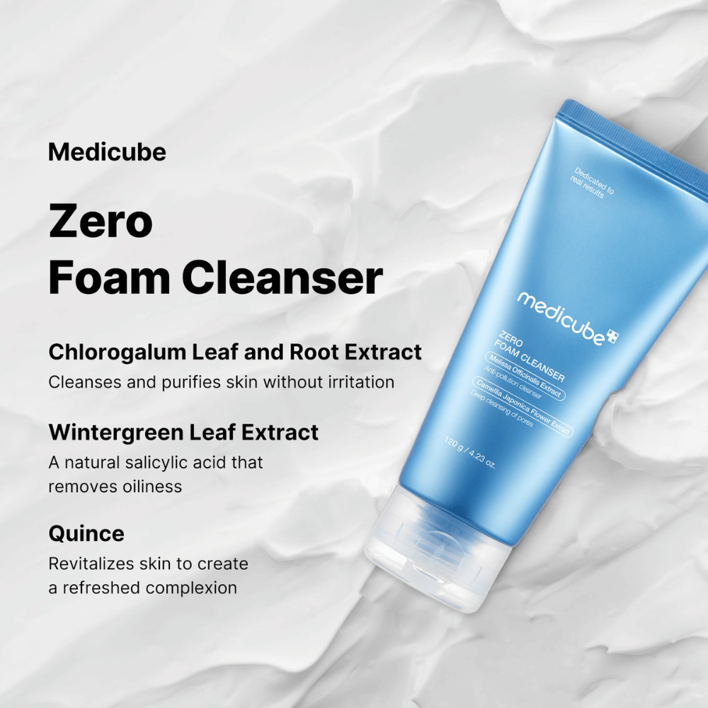 Medicube Zero Foam Cleanser – a gentle and deep cleansing facial wash.

🌿 Chlorogalum extract – Cleans and purifies the skin without irritation.
🍃 Wintergreen extract – Natural salicylic acid that balances oil production.
🍏 Quince extract – Revitalizes the skin and gives a fresh glow.

Perfect for clean, balanced, and refreshed skin!