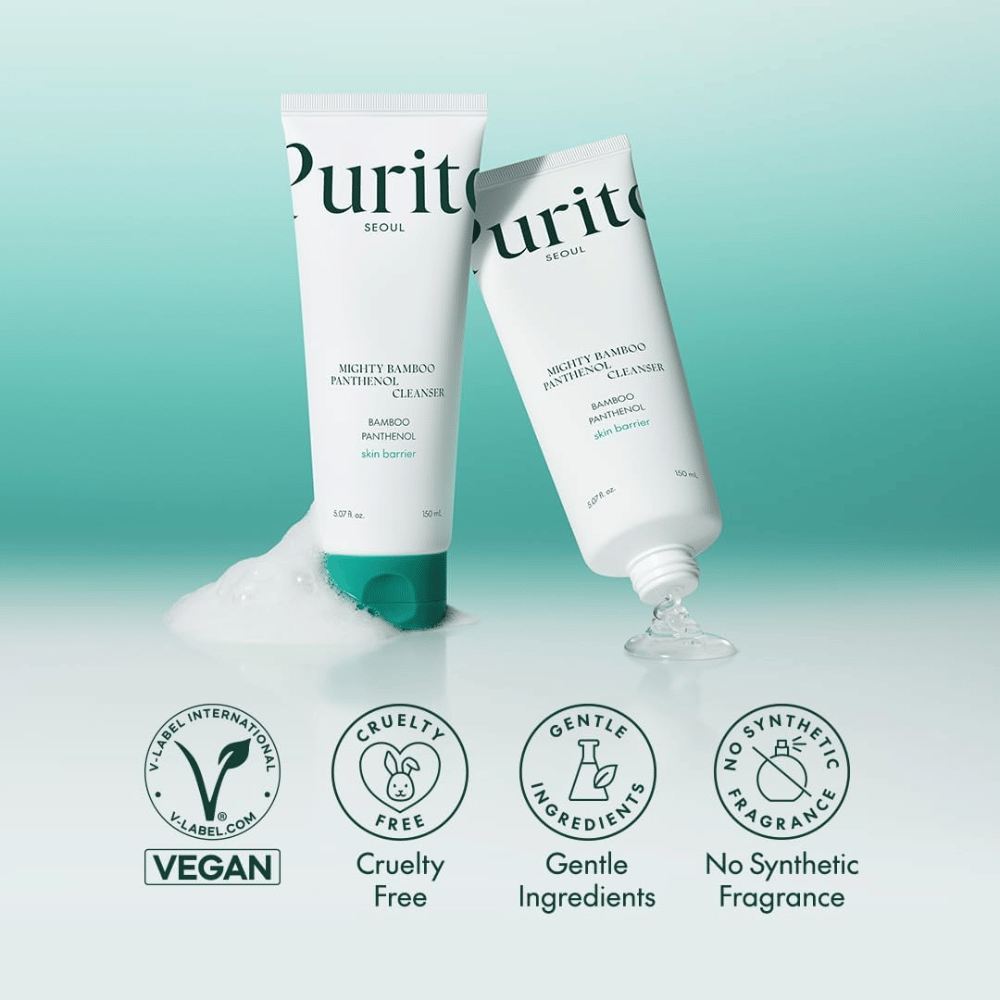 Two packages of Purito Mighty Bamboo Panthenol Cleanser are shown with foam, along with icons for vegan, cruelty-free and fragrance-free formula.