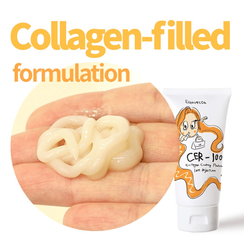 Close-up of creamy hair treatment with collagen formula together with product tube from Elizavecca.