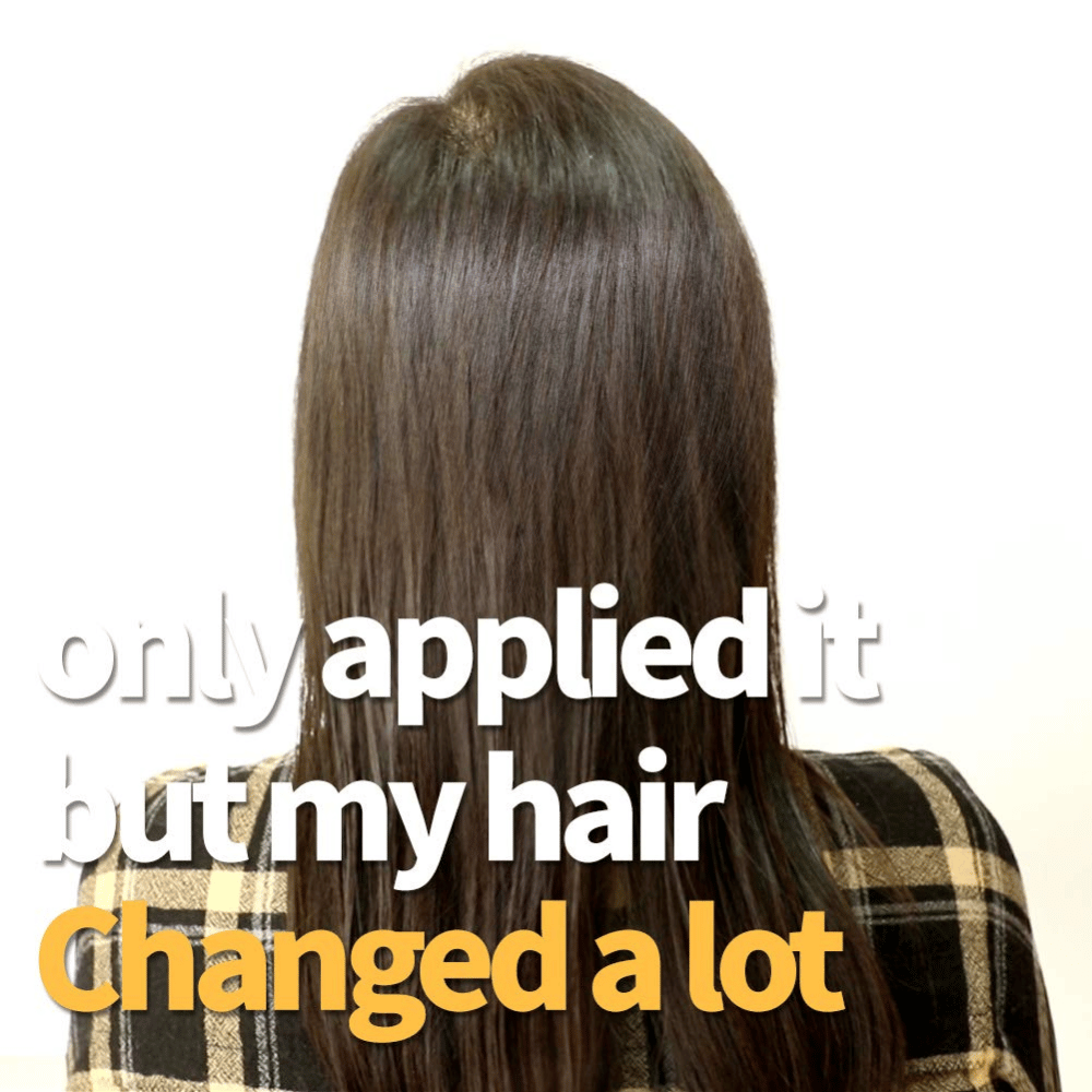 Before-and-after image showing softer and shinier hair after using the hair treatment.