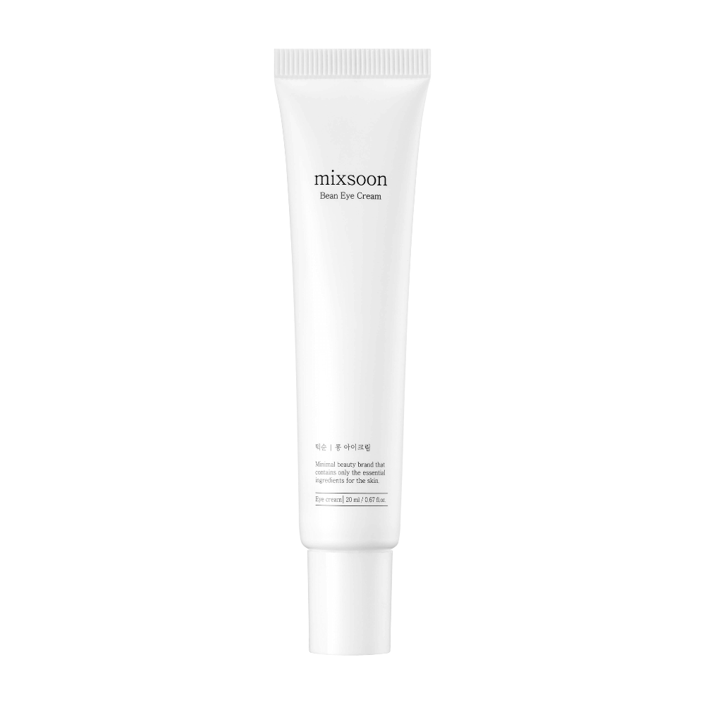 A white tube of eye cream from Mixsoon, labeled 'Bean Eye Cream', against a completely white background.