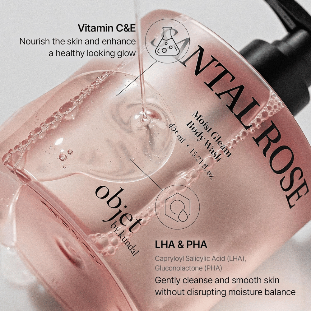 Objet by KUNDAL Santal Rose Moist Gleam Body Wash with vitamins C and E as well as exfoliating LHA and PHA.