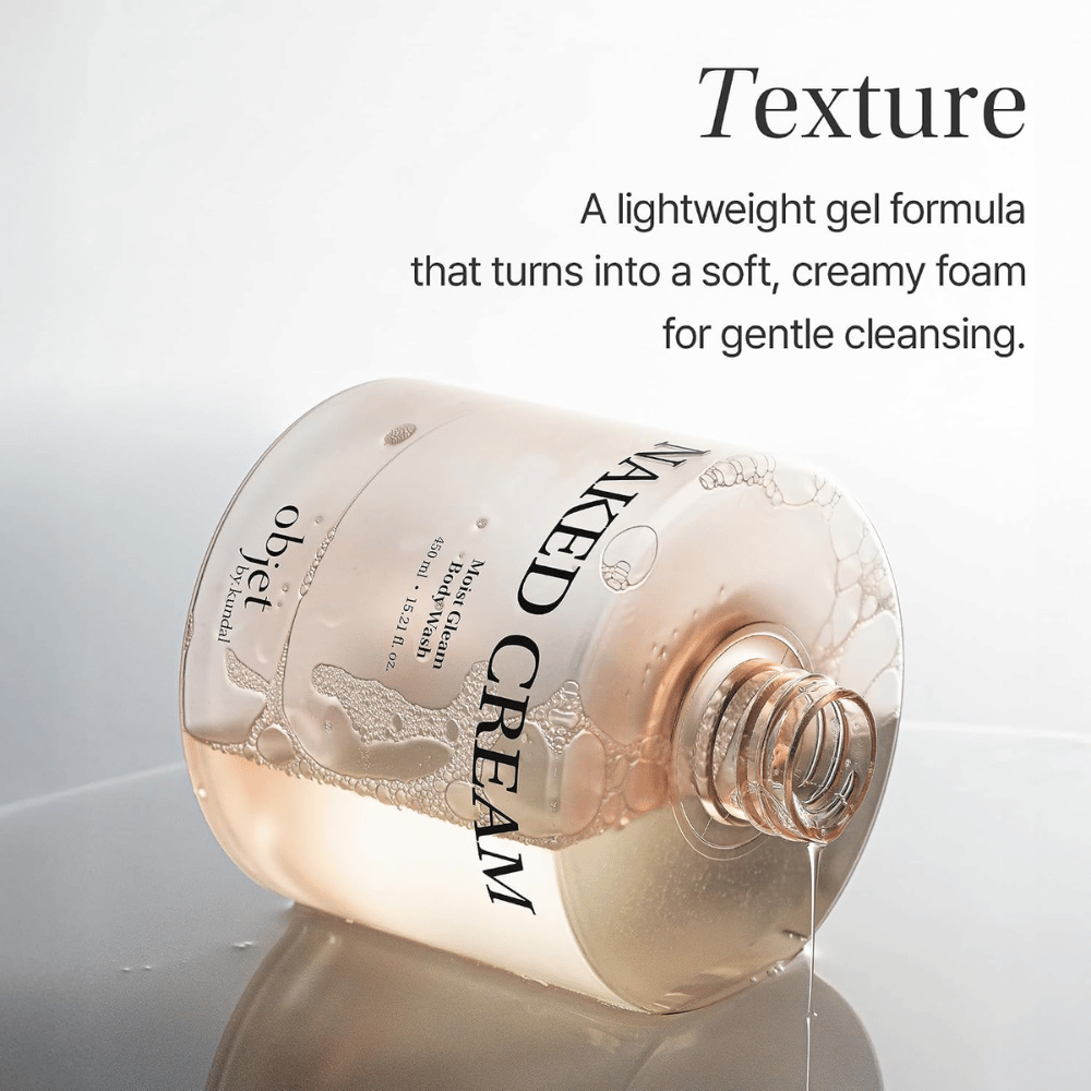 Objet by KUNDAL Moist Gleam Body Wash – light gel texture that transforms into a soft, creamy lather during cleansing.
