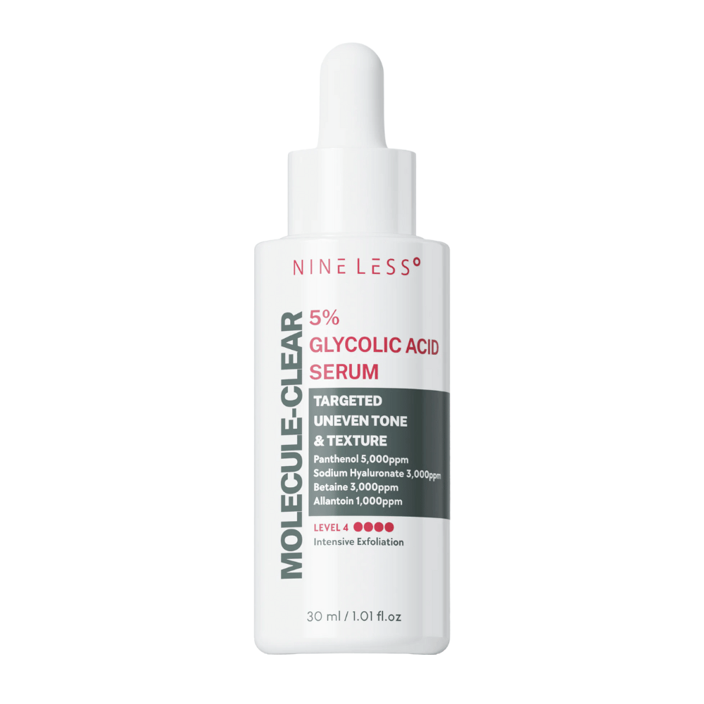 Nine Less Molecule-Clear 5% Glycolic Acid Serum in a white bottle with a pipette, 30 ml. Exfoliating serum for uneven skin tone and texture with panthenol, hyaluronic acid, betaine, and allantoin.