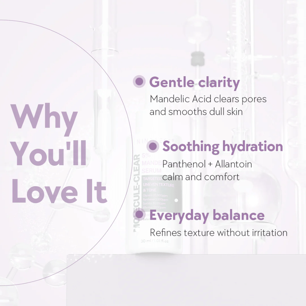 Graphic with text explaining the benefits of Nine Less Molecule-Clear 5% Mandelic Acid Serum: gentle clarity, soothing hydration, and daily balance for the skin.