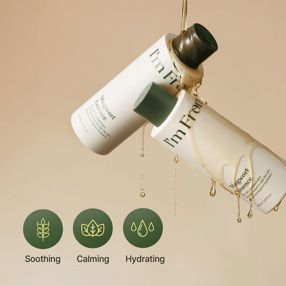 I'm From Mugwort Essence with mugwort extract that soothes irritated skin, intensely hydrates, and helps strengthen the skin barrier.