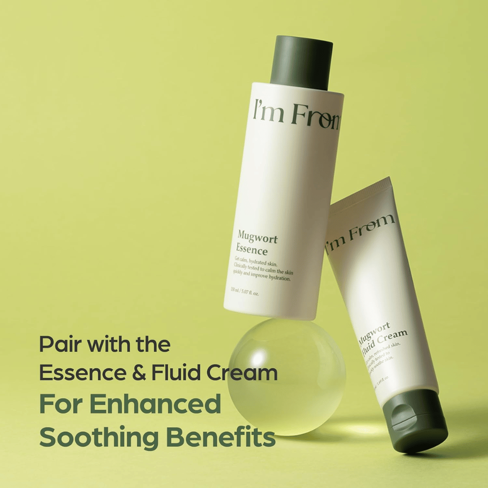 I'm From Mugwort Essence together with Mugwort Fluid Cream for a soothing skincare routine that hydrates and strengthens sensitive skin.