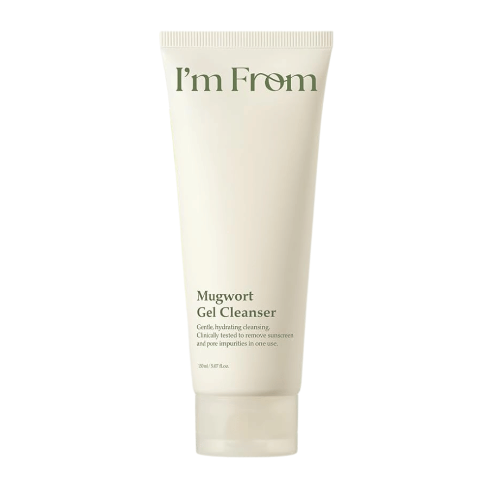 I'm From Mugwort Gel Cleanser 150 ml, mild and moisturizing face wash with mugwort in a light beige tube against a white background.