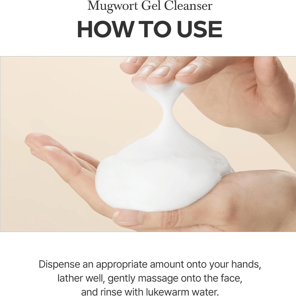 I'm From Mugwort Gel Cleanser 150 ml with instructions for use. Hands show how the cleansing gel lathers into a soft, white foam.