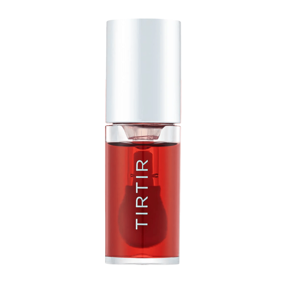 TIRTIR My Glow Lip Oil in transparent red shade with silver cap, shown straight from the front against a white background.