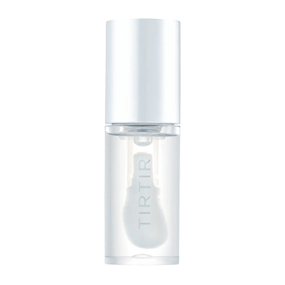 TIRTIR My Glow Lip Oil in a transparent bottle with a white cap and minimalist design, isolated against a white background.