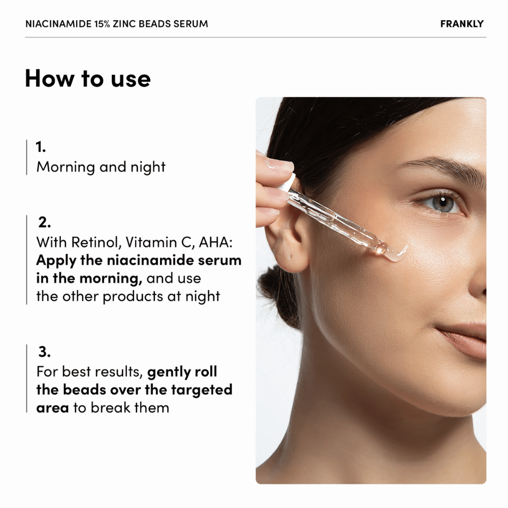 Kvinna applicerar FRANKLY Niacinamide 15% + Zinc Beads Serum med pipett på kind. Text förklarar användning morgon och kväll samt försiktig massering av pärlor.