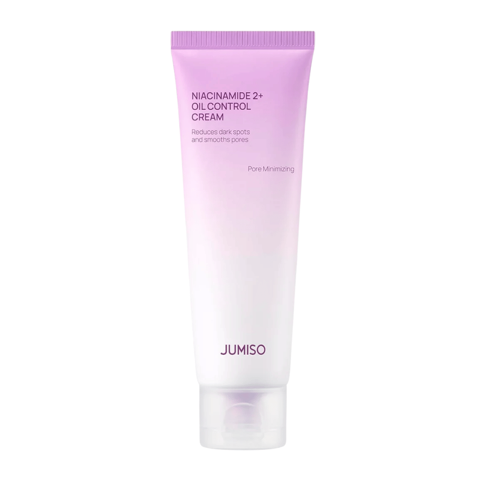 Product image of JUMISO Niacinamide 2+ Oil Control Cream on a light background. The pink and white tube highlights the product's focus on sebum control, pore minimization, and improved skin tone for oily and combination skin.