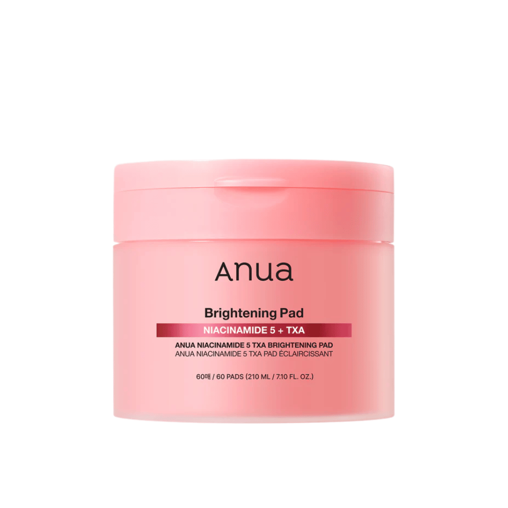 Pink packaging of Anua Brightening Pad with the text "Niacinamide 5 + TXA", contains 60 pads for skincare focusing on radiance and even skin tone.