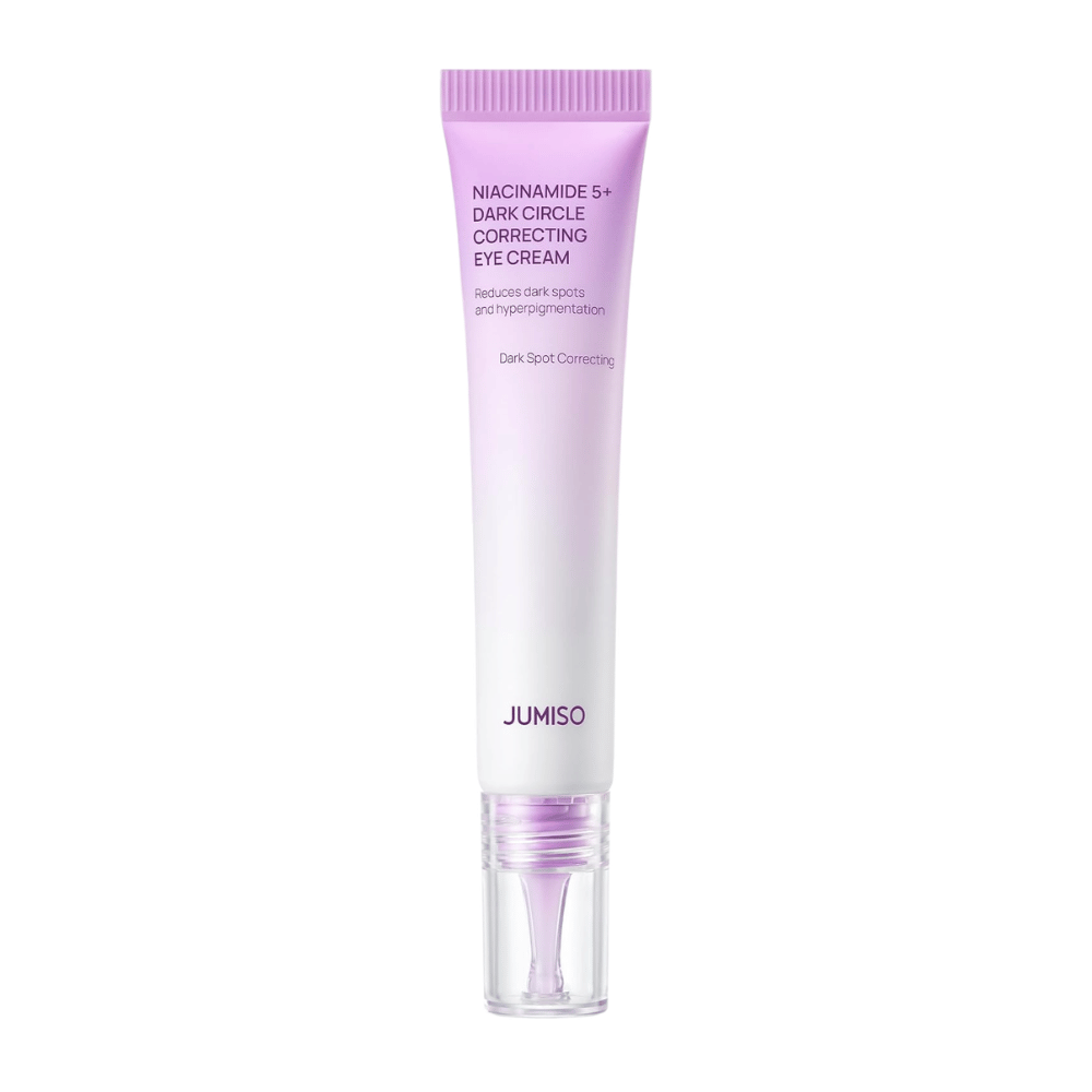 5. Jumiso Niacinamide 5+ Dark Circle Correcting Eye Cream – purple and white tube with transparent applicator against a white background