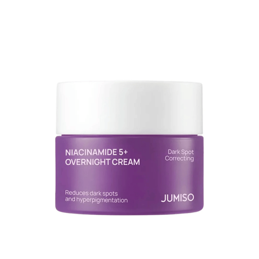 JUMISO Niacinamide 5+ Overnight Cream in a purple jar against a light background. Night cream with niacinamide that helps reduce dark spots, uneven skin tone, and give the skin a more even radiance overnight.