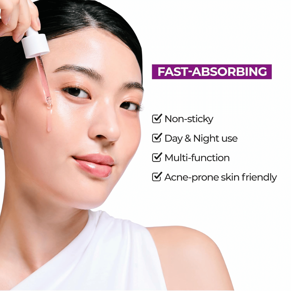 Woman applying Jumiso Niacinamide 10 Serum. Fast-absorbing, non-sticky formula for day and night use, perfect for acne-prone skin.