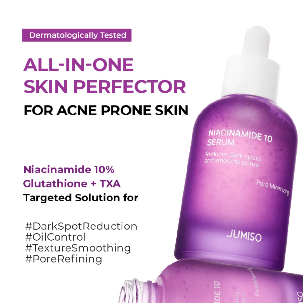 Jumiso Niacinamide 10 Serum – an all-in-one serum for acne-prone skin with 10% niacinamide, glutathione, and TXA that reduces dark spots and pores.