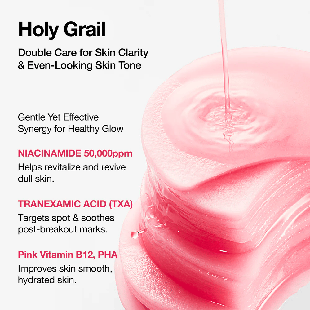 Pink toner pads with liquid poured from above, with key ingredients such as niacinamide 50,000 ppm, tranexamic acid, and vitamin B12 for even skin tone and hydration.