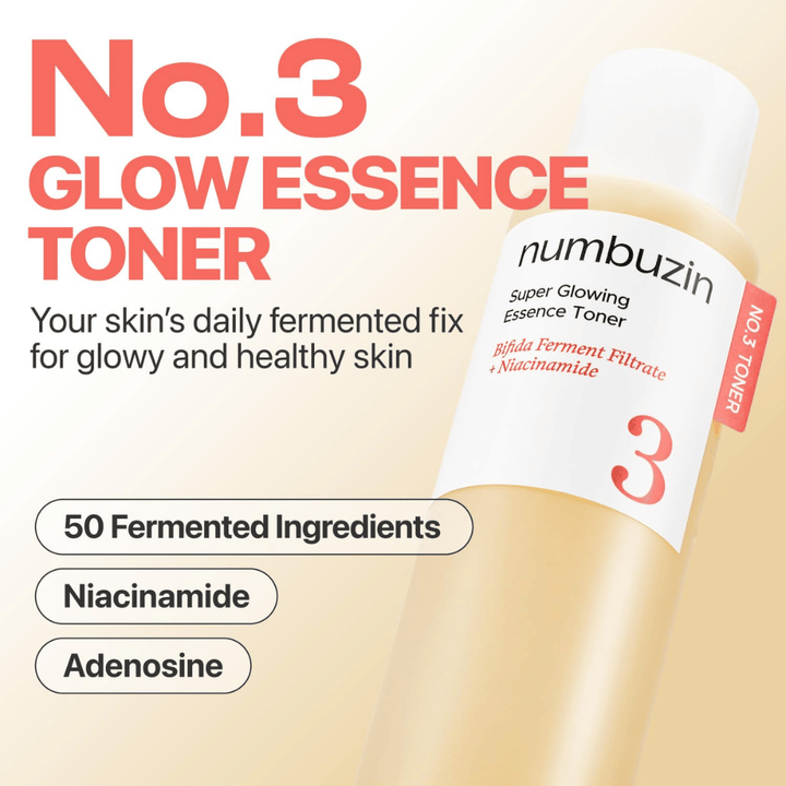 Numbuzin No.3 Glow Essence Toner – daily fermented essence for healthy, hydrated, and radiant skin.