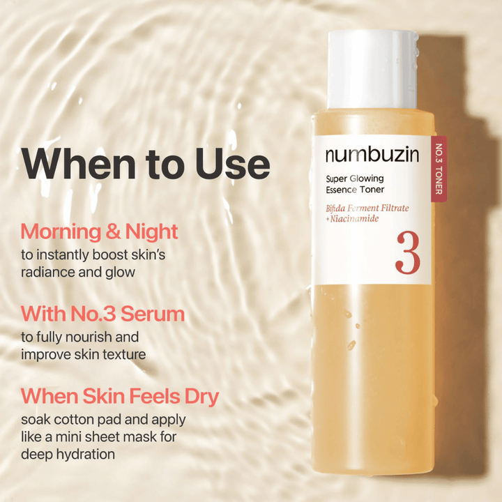 Use Numbuzin No.3 Toner – morning, evening, or when dry to give the skin glow and deep hydration.