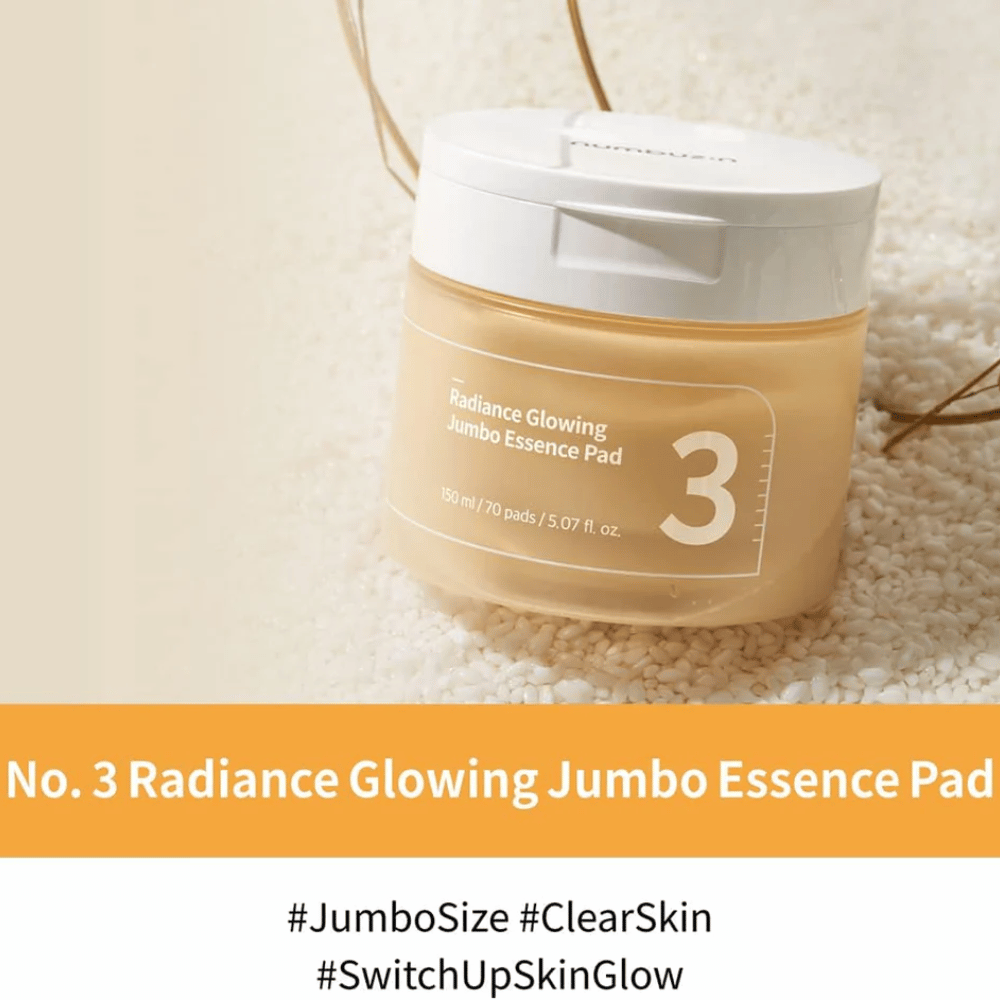 Jar with numbuzin No. 3 Radiance Glowing Jumbo Essence Pad placed on rice, text on the image highlights jumbo size and skin glow.