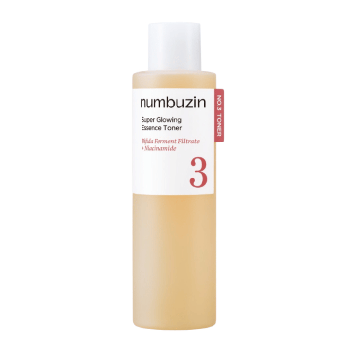 Numbuzin No.3 Super Glowing Essence Toner – luminous tones with bifida ferment filtrate and niacinamide.