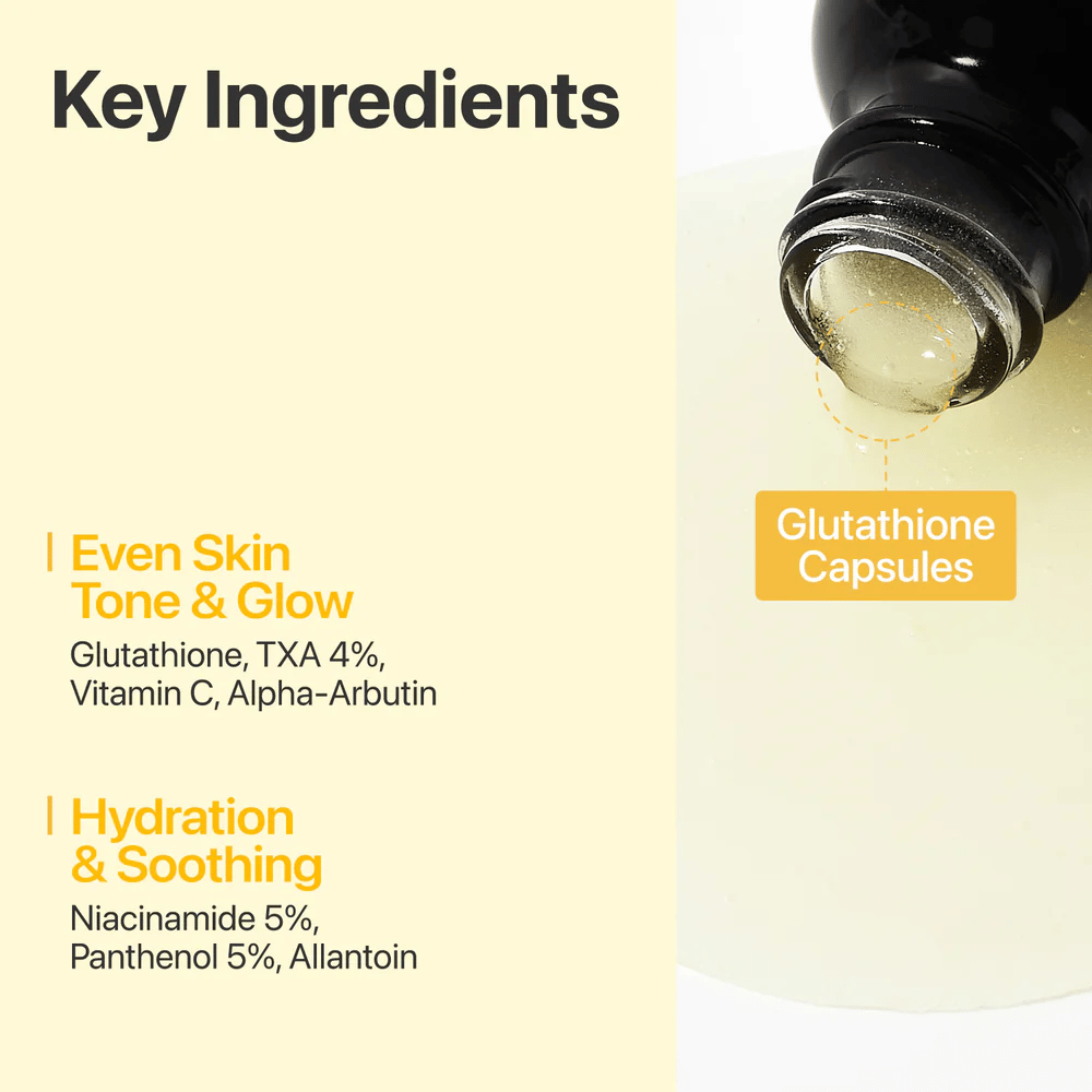 Close-up of the serum's key ingredients: Glutathione, TXA, Vitamin C, and Niacinamide. For radiance, even skin tone, and hydration.