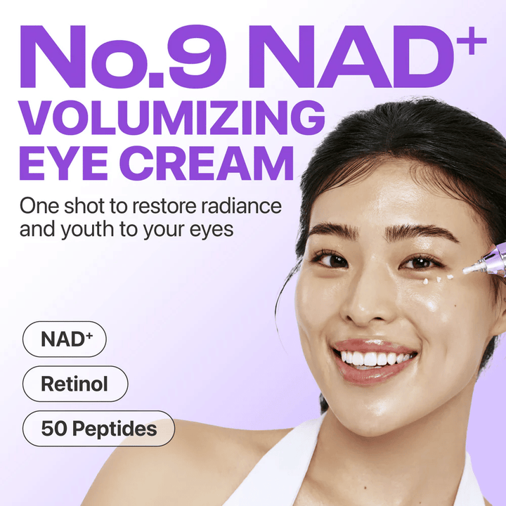 No.9 NAD+ Retinol Volumetox Eye Cream presented as a volumizing eye cream that restores radiance and a youthful appearance around the eyes.