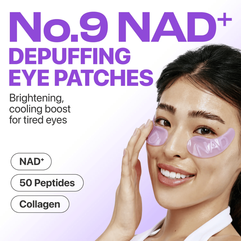 Woman with numbuzen No.9 NAD+ Collagen Eye Patches under her eyes – cooling and firming effect for tired eyes.