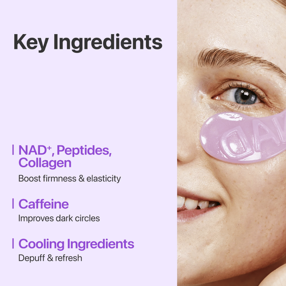 Close-up of numbuzen No.9 NAD+ Collagen Eye Patch – contains NAD+, collagen, and peptides that strengthen and moisturize the skin under the eyes.