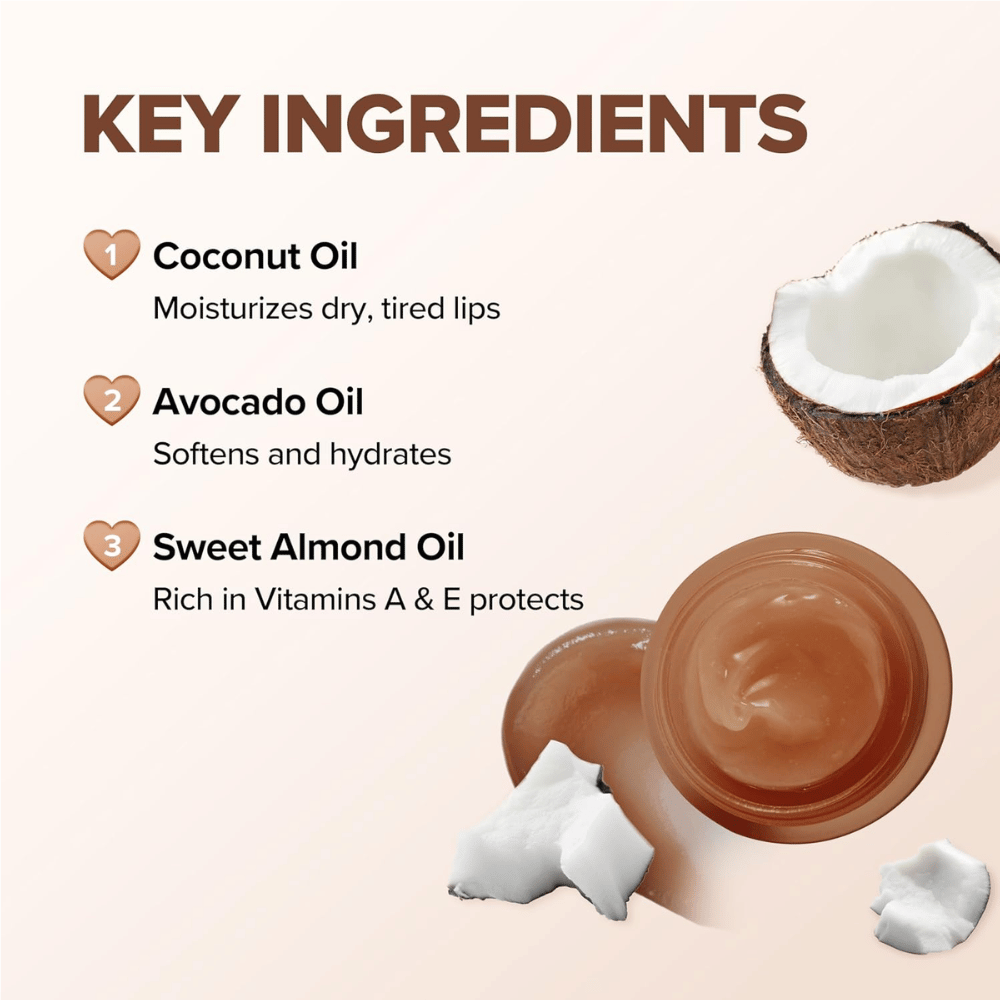 KLAVUU Nourishing Care Lip Sleeping Pack Coconut with coconut oil, avocado oil, and almond oil that moisturize, nourish, and protect dry lips.