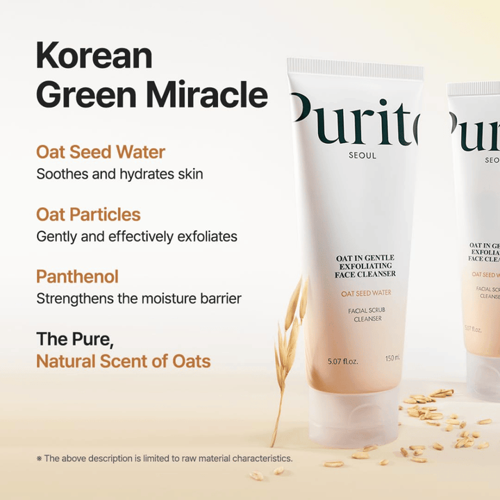 Purito SEOUL exfoliating cleanser with oat seed water and panthenol – strengthens the skin barrier and gently removes dead skin cells