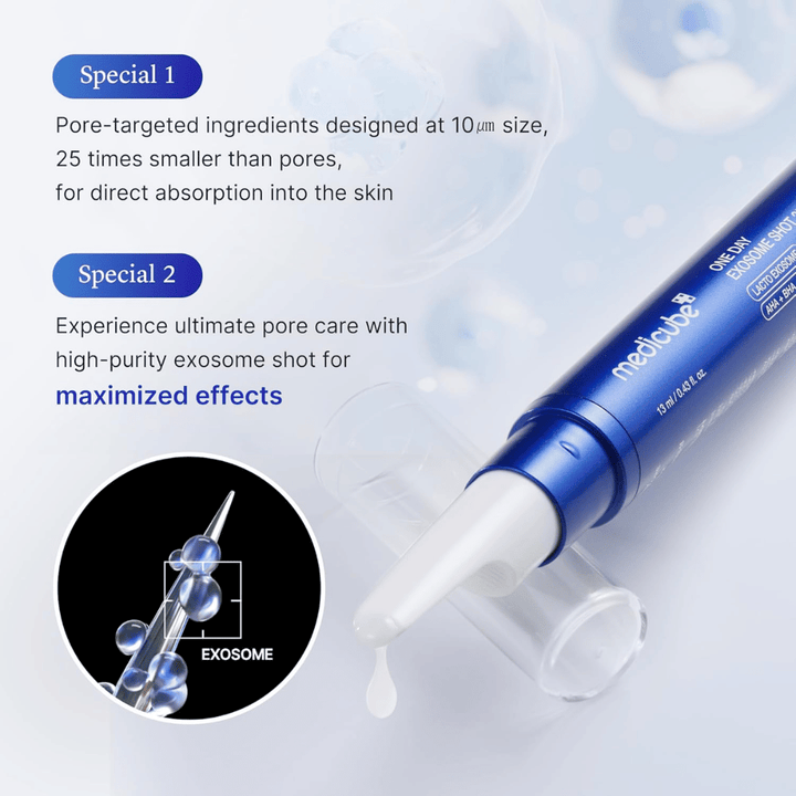 Medicube One Day Exosome Shot Pore Ampoule 25000 with exosomes that improve absorption, minimize pores, and provide intensive skincare