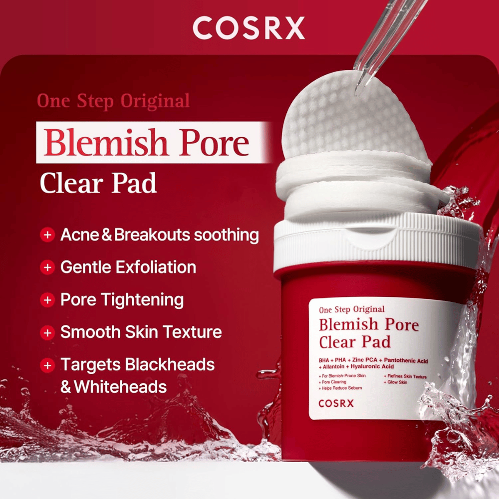 Product image of COSRX One Step Original Blemish Pore Clear Pad focusing on exfoliation, pore refinement, and care for acne-prone skin.