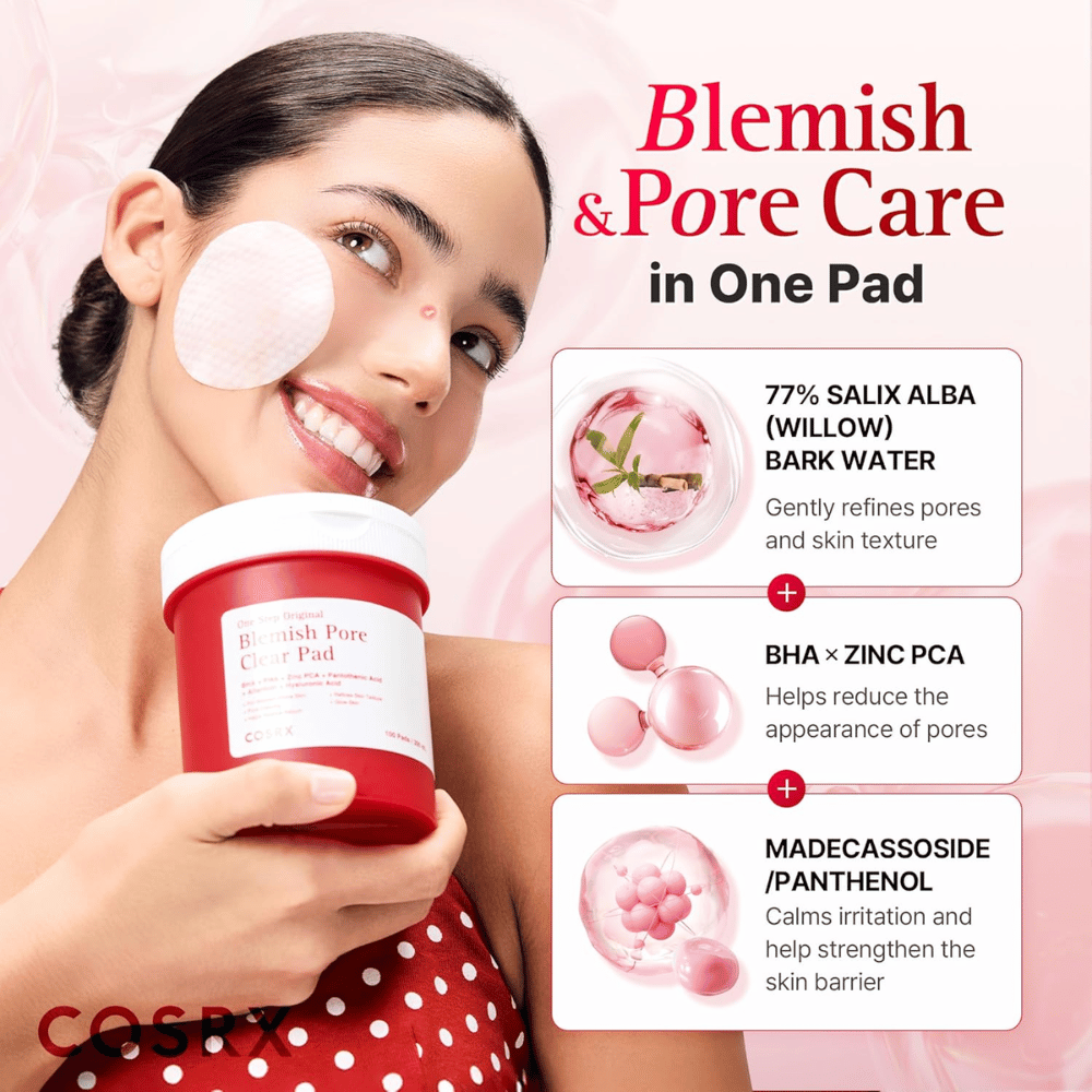 Product image with model and ingredient focus for COSRX One Step Original Blemish Pore Clear Pad with willow bark water, BHA, Zinc PCA, and Madecassoside.