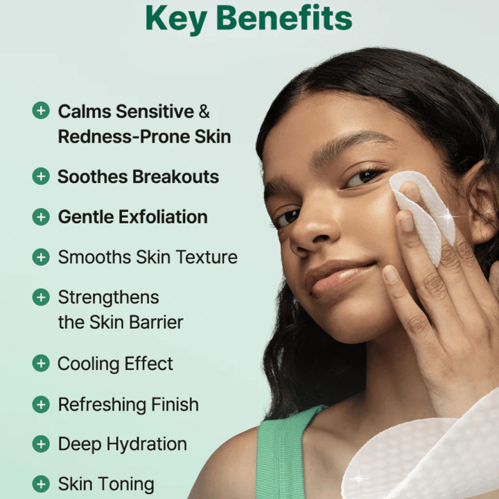 Model applying COSRX One Step Original Clear Skin Calming Pad with a focus on soothing effects, exfoliation, and hydration for sensitive skin.