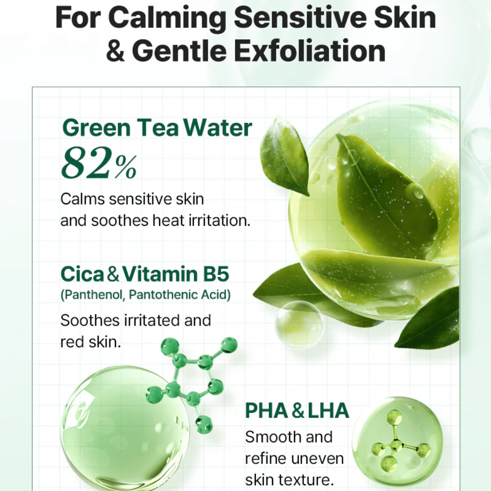 Informational image for COSRX One Step Original Clear Skin Calming Pad featuring green tea water, Cica, vitamin B5, and gentle exfoliation with PHA and LHA.