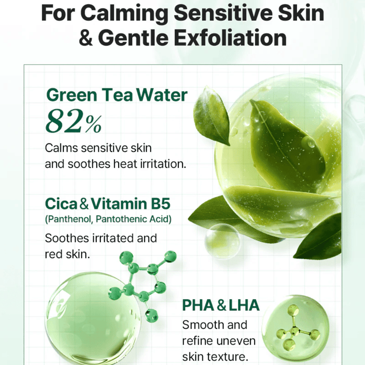 Informational image for COSRX One Step Original Clear Skin Calming Pad featuring green tea water, Cica, vitamin B5, and gentle exfoliation with PHA and LHA.