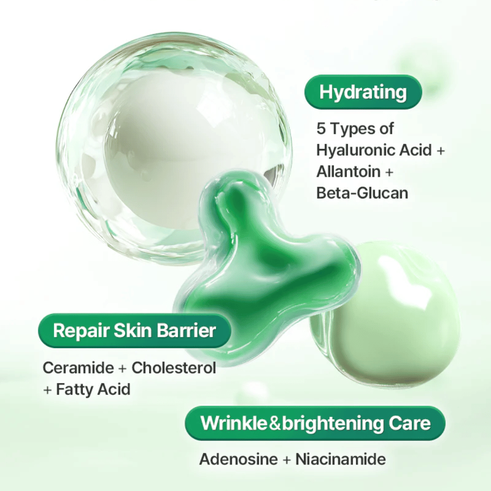 Illustrative image showing the ingredients and skin benefits of COSRX One Step Original Clear Skin Calming Pad, including hyaluronic acid, ceramides, and niacinamide.